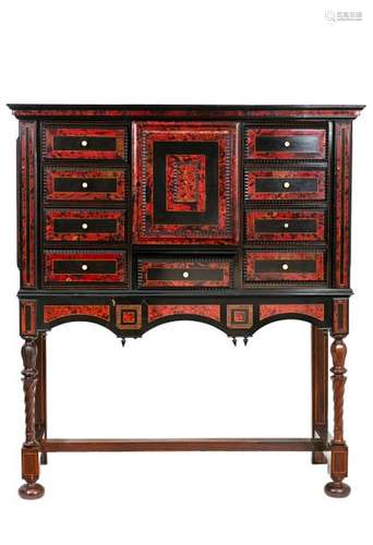 Large cabinet made of veneer, red tortoiseshell veneer and marquetry fillets, opening with nine drawers around a central door that hides a small drawer and a shelf Antwerpwork, part XVIIthRear frame Total dimensions: 143,5 x 163 x 56 cm(transformations of use, missing and accidents)