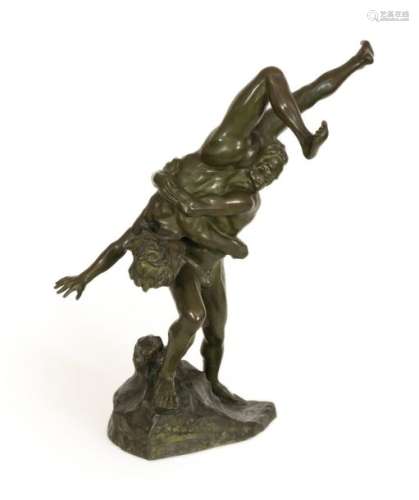 Jef LAMBEAUX (1852-1908)Les lutteursBronze with green patinaSigned and dated 1895H: 58 cm