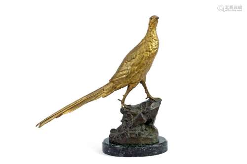 Léon BUREAU (1866-1906) Bronze pheasant hen with golden and brown patina Signed L. Desk and stamp of the Société des Bronzes de ParisH: 55,5 cm (excluding the green marble base) (one small hole)