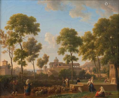 Jean-Joseph-Xavier BIDAULD (Carpentras, 1758-Montmorency, 1846)Paysage italianisant animé Oil on canvasSigned lower right Jph Bidault and dated 1815 33 x 40.5 cm