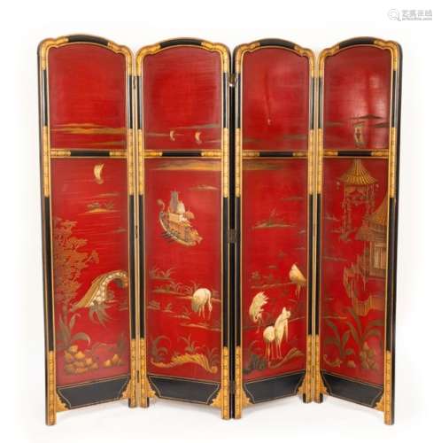 Four-leaf black and gold lacquered wooden screen decorated with an animated lakescape on a redbackground European work in oriental taste Early 20thcentury 175.5 x 47.5 cm (one leaf)