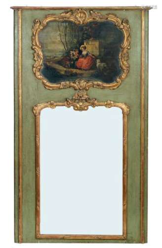Small Regency style overmantel in carved wood with green and gold patinaMirror surmounted by a gallant scene (oil on panel) in the taste of 18th century Frenchwork, 19thcentury period 184,5 x 109,5 cm(small accidents and lacks)