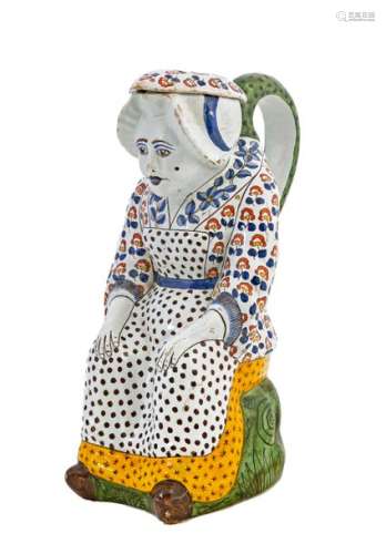 Covered jug Jacqueline in polychrome earthenware from Lille monogrammed PVB or PBLate 18th-early 19th centuryH: 33 cm(grit)
