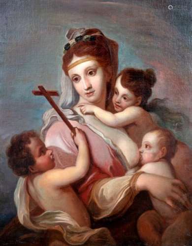 Follower of Elisabeth SIRANI (Bologna, 1638-1665)Charity or Madonna and Child with St John the Baptist and PuttoOil on canvas mounted on canvas 18thCentury94,5 x 77 cm(restorations)This painting is similar to the drawings by Elisabeth Sirani kept in the Louvre under the inventory numbers INV 9013.BIS, recto and INV 35361, recto for iconography and stylistics.