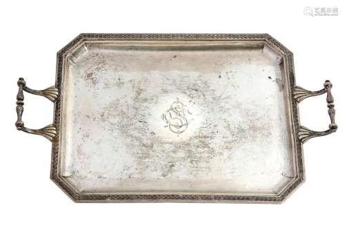 Octagonal tray Empire style with two silver handles 800/1000Delheid hallmarks, Belgian work, early 20th century52 x 32 cmWeight: +/- 1700 grs(small blows)