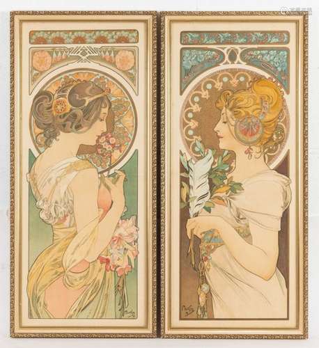 Alphonse MUCHA (1860-1939)La plume et La primevèrePair of chromolithographs on paper englued on canvas Signed on the Mucha plate and dated (18)9972 x 27 cm(horizontal fold on each)