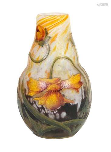 DAUM NancySmall Art Nouveau style baluster vase in multilayered acid-etched glass decorated with arnica flowers on a white, mauve and yellow backgroundSigned Daum Nancy with Lorraine Cross, circa 1900-1910H: 11,5 cm