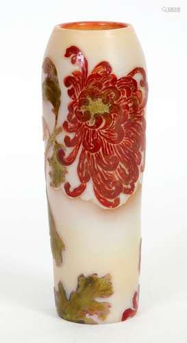 François-Théodore LEGRAS (1839-1916) Acid-etched and vitrified multilayered glassvase decorated with red chrysanthemums on an amber background lined with milky beigeSigned LegrasH: 25 cmBibliography: technically similar pieces illustrated in François-Théodore Legras by Marie-Françoise and Jean-François Michel and Dominique and Jean Vitrat, Plurimédia Productions, 2012, pp. 339, 348 and 349