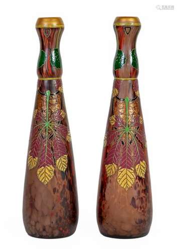 François-Théodore LEGRAS (1839-1916)Pair of partially enamelled glass vases decorated with chestnut leaves on a brown, beige and red satin marbled background Model from the series known as 