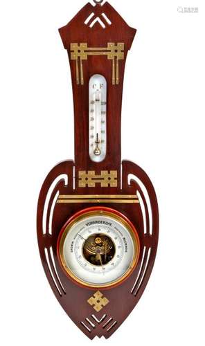 In the taste of Gustave SERRURIER-BOVY (1858-1910) Art Nouveau style wallbarometer in openwork mahogany decorated with coppersconces With graduated thermometer in Celsius and Fahrenheit 48 x 17.5 cm