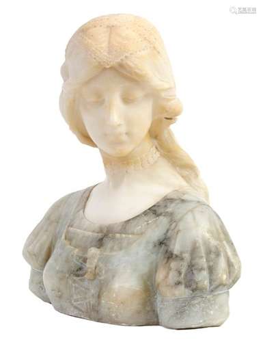 ItalianSchool Bust of young girl with Renaissance headdress Carved alabaster Period circa 1920H: 26 cm (claws)