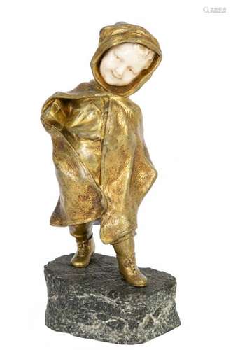 Affortunato GORY (1895-1925)Young schoolboy with hoodGilded bronze and carvedivory Chryselephantine signed Gory and numbered 9Bluestone base H: 20 cm (base included)