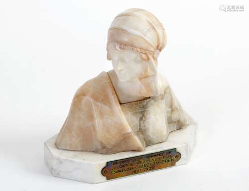 FATTORINI (19th-20th) Bust of young girl with sculptedalabaster scarfSignedSigned Circa 1920H: 20 cm (white marble base included)(chips and restorations)