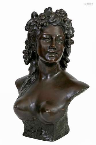 Jef LAMBEAUX (1852-1908)Bust of a disciple of DionysusBronze with brown-green patinaSignedH: 64 cm