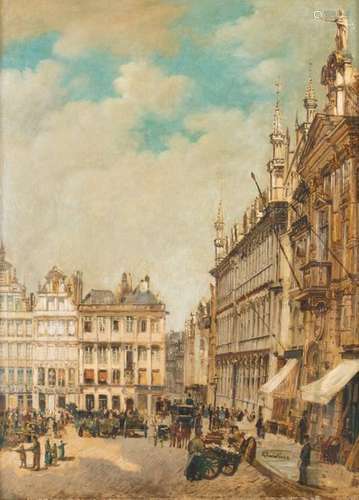 Gustave WALCKIERS (1831-1891)Corner of the Grand-Place of Brussels animatedOil on paper pasted on panel (?)Signed lower right G. Walckiers 73 x 53 cm