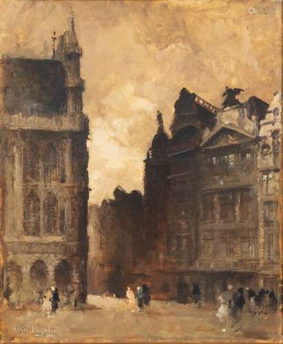 Henri LOGELAIN (1889-1968) Corner of the Grand-Place of Brussels animated under a stormy sky Oil on canvasSigned lower left and dated 1942 65 x 53 cm(one shot)