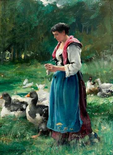 Julien DUPRE (1851-1910)The Goose Keeper Oil on canvasSigned lower left and dated 1890Bears on the back a merchant's mark stenciled 32.5 x 24.5 cm