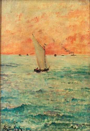 Alfred STEVENS (1823-1906) Navy at sunsetOil on mahogany panelSigned lower left A.Stevens33 x 23.5 cm