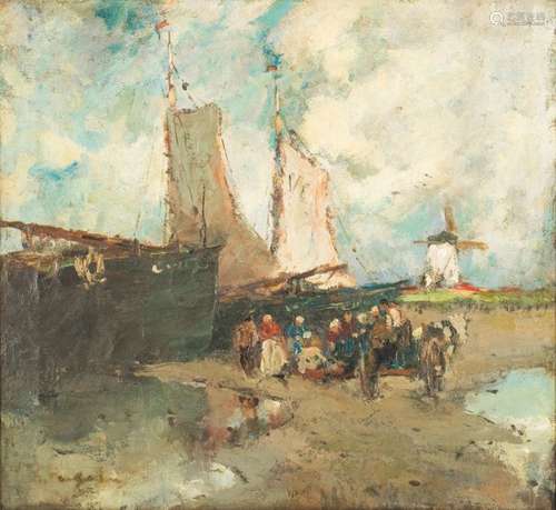 Gustave FLASSCHOEN (1868-1940)The Return of the Fishermen to HollandOil on canvas Signature trace in the lower left corner of Gustave Flasschoen (?) 39 x 42 cm