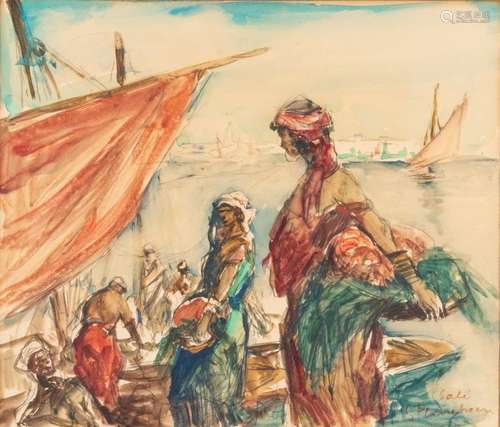 Gustave FLASSCHOEN (1868-1940)Le retour des pêcheurs dans le port de Rabat Watercolour on paper Signed lower right G. Flasschoen (Salé)30 x 35 cm(see old labels on the back)