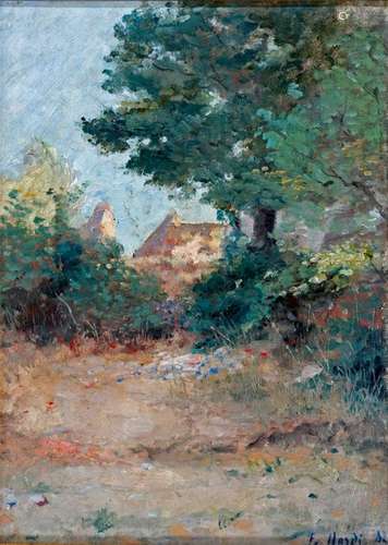 François NARDI (Nice, 1861-Toulon, 1936)View of a Provençal houseOil on pressed cardboardSigned lower right and dated (18)81On the back, mark of the collection R.Masset, Brussels34,4 x 24 cmFrench painter of Italian origin, whose important work retraces the atmospheres and landscapes around Toulon and the hinterland. He is considered one of the great masters of Provençal painting.