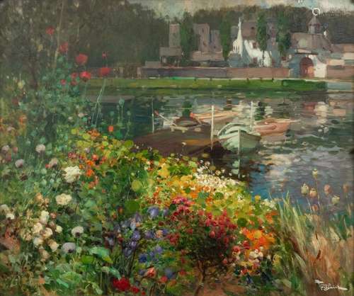 Fernand TOUSSAINT (1873-1955/56)Bord de lac fleuriOil on mahogany panelSigned lower right 49.5 x 61 cm