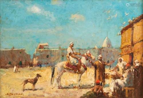 Alfred BASTIEN (1873-1955)Rider on an animated square in North AfricaOil on panel Signed lower left A. Bastien 38 x 55 cm