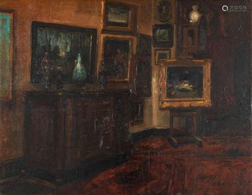 Alfred BASTIEN (1873-1955)Interior on easelOil on canvas Signed lower right A. Bastien 70,5 x 90 cm