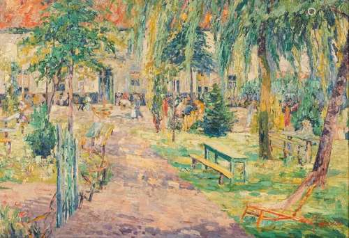 Alfred PIETERCELIE (1879-1955) Cour d'estaminet animated in summer Oil on canvas Signed lower right A. Pietercelie55 x 80 cm