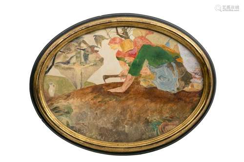 Maurice LANGASKENS (1884-1946)Les travailleuses aux champsGouache and pastel on oval view paperSigned and dated 1918 lower left 26 x 35.5 cm(restauration)