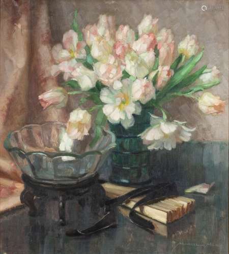 Marcel HESS (1878-1948)Still life with tulip vase Oil on canvas Signed lower right80 x 70 cm(one hole)