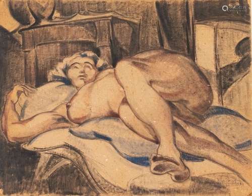 Roger PARENT (1881-1963)Nude woman lyingdown Charcoal, ink wash and watercolour on cardboardSigned lower right and dated 193169.5 x 88.5 cm(accidents)