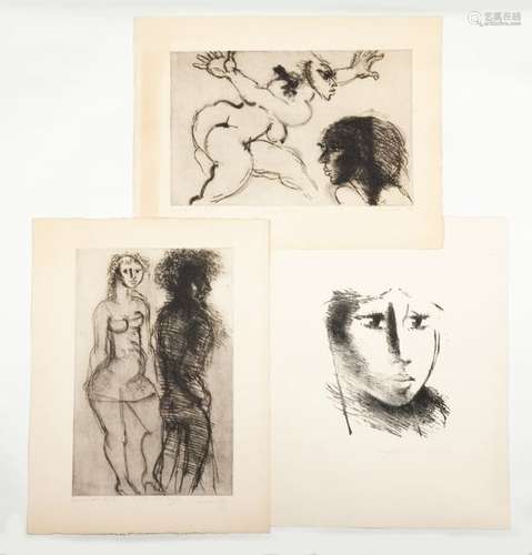 Roger SOMVILLE (1923-2014)La belle et le touffu, Manifestante et FemmesSet of 3 etchings on paper Artist'sproofs signed and titled in pencil. Two are dated 197351.5 x 33 cm; 34 x 31 cm; 51.5 x 33 cmThree offsets, each signed in pencil, are attached.