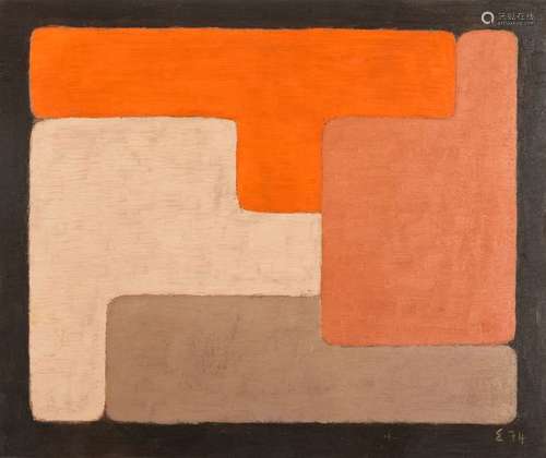 Elie BORGRAVE (1905-1992)Geometric composition Oil on cardboardMonogrammed E and dated (19)74 lower right 33.5 x 40 cm