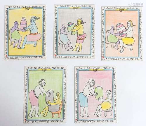 Frédéric BRULY BOUABRE (1923-2014)La concorde humaine, 2009 (Set of five drawings) Ballpointpen and coloured pencil on strongpaper card Each signed and dated on the back20 x 15 cm for eachWe thank Mr Jean Lou Bruly, son of the artist, for confirming the authenticity of these works.