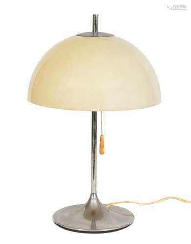 Unilux Mushroom (?) lamp with two lights, with a brushed metal tulip base and a round shade in a whiteplastic dome. Rope switch to light up with one or two bulbs. Numbering A3373 under the basePeriod circa 1970H: 48 cm