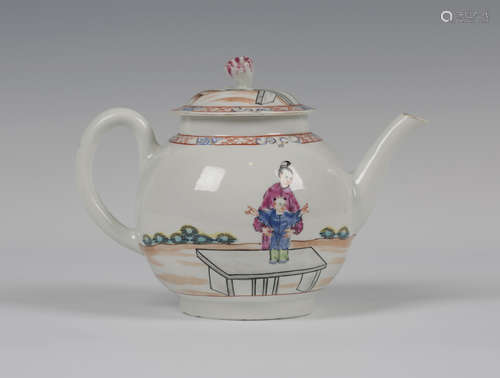 A Worcester porcelain teapot and cover, circa 1768, the globular body painted in the Mandarin