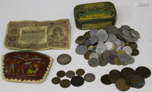 A collection of mainly 19th and 20th century world coinage, including a USA one cent 1825, a USA two