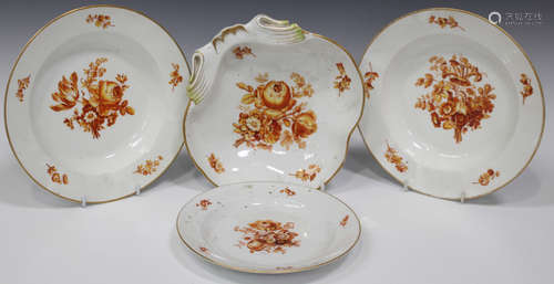 Seven Meissen plates, 19th century, each painted in orange with a floral spray within a pierced