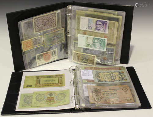 A large collection of European and world banknotes, including Russia, Germany, Poland and Egypt.