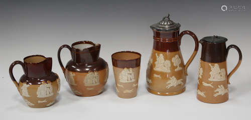 Five pieces of Doulton stoneware harvest ware, typically sprigged with toping figures, hounds and