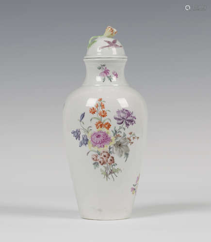 A Worcester vase and matched cover, circa 1770, the high-shouldered tapering body painted with a