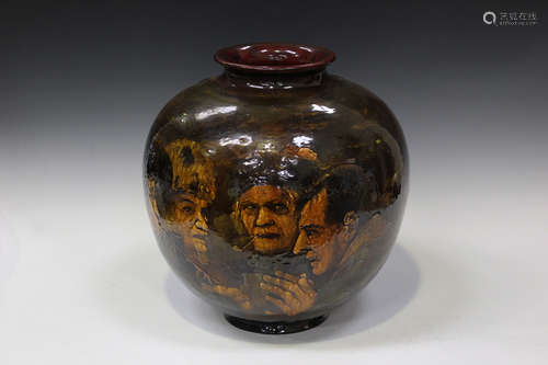 A large Doulton Burslem Kingsware ovoid vase, late 19th century, decorated with five gentlemen