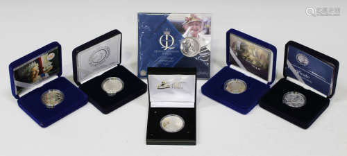 A group of Elizabeth II commemorative crown-size coins, including a coronation anniversary silver