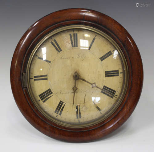 A late 19th century Black Forest circular wall clock with painted dial within a turned mahogany