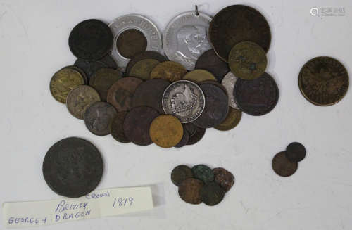 A James II gun money half-crown Sept 1689, a group of various 18th and 19th century tokens and a