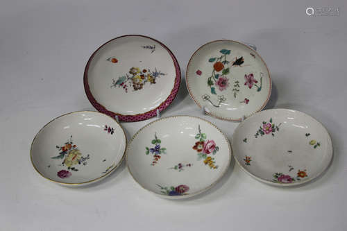 Five assorted porcelain saucers, English and Continental, 18th century, including Worcester