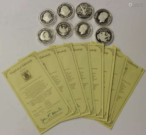 Eight Royal Mint Conservation Collection silver crown-size coins, including Republic of Costa