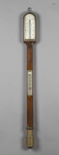 A 19th century rosewood stick barometer, the ivorine dial with vernier scale and inscribed 'John