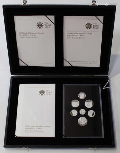 An Elizabeth II Royal Mint United Kingdom Coinage Royal Shield of Arms silver proof seven-coin